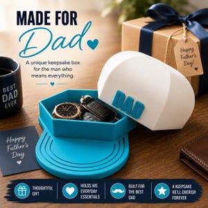 May include: A turquoise hexagonal storage tray with a white lid featuring the word DAD in blue letters. The tray contains a wristwatch and a black leather keychain. Text on the image includes MADE FOR Dad, A unique keepsake box for the man who means everything, Happy Father's Day, and various icons with labels like Thoughtful Gift and Holds His Everyday Essentials.