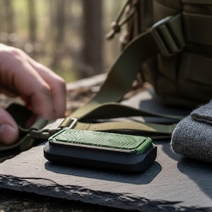 Könnte beinhalten: Ein schwarzes und grünes elektronisches Gerät mit einem topografischen Kartendesign liegt auf einer dunklen Oberfläche. Ein graues Tuch und ein grüner Rucksack befinden sich im Hintergrund. Das Gerät befindet sich neben einer Hand, die einen Riemen einstellt.