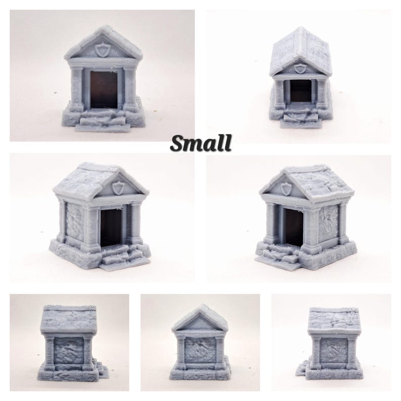 May include: A collection of small, gray miniature mausoleums. Each model features a detailed facade with columns, a roof, and a doorway. The word "Small" is printed in black text. These miniatures are likely for tabletop gaming or model building.