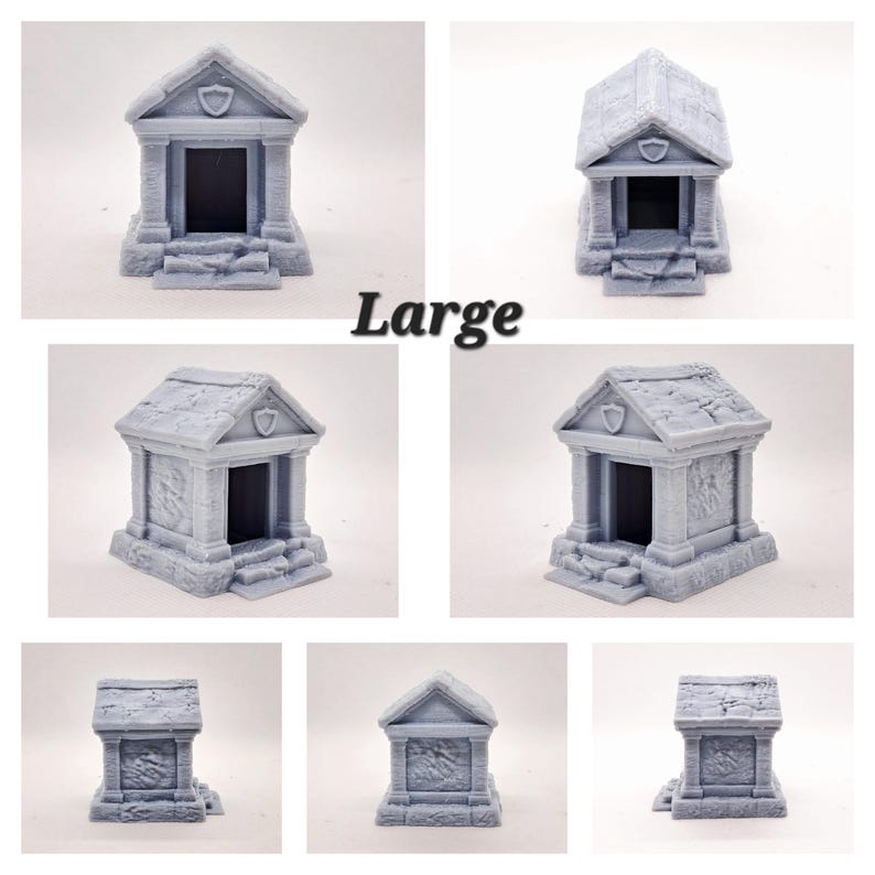 May include: A collection of gray miniature mausoleums with detailed architectural features, including steps, columns, and a peaked roof. The word "Large" is printed in black. These models are suitable for tabletop gaming or display.