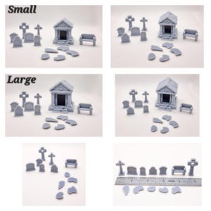 May include: A collection of miniature gray cemetery-themed models, including tombstones, crosses, a mausoleum, a bench, and stepping stones. The word "Small" and "Large" are printed on the image, indicating size variations. A ruler is included for scale.