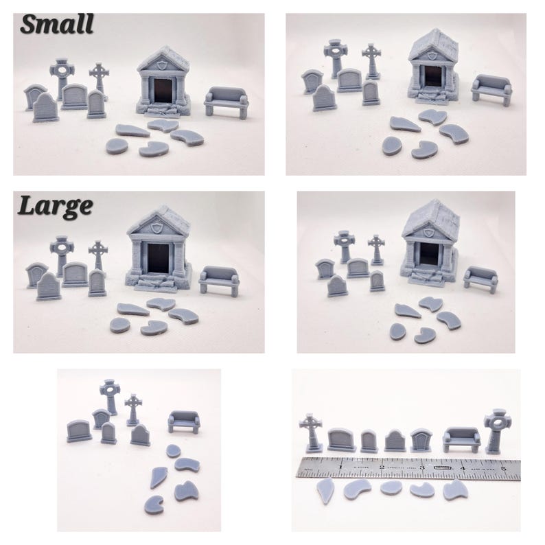May include: A collection of miniature gray cemetery-themed models, including tombstones, crosses, a mausoleum, a bench, and stepping stones. The word "Small" and "Large" are printed on the image, indicating size variations. A ruler is included for scale.
