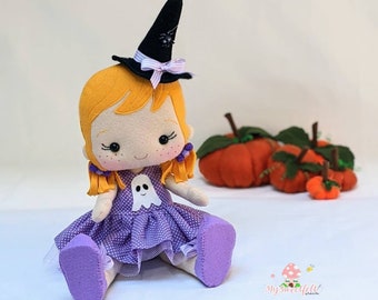Bruja, decoraciones de Halloween, bruja buena, muñeca de fieltro, muñeca articulada, regalos personalizados