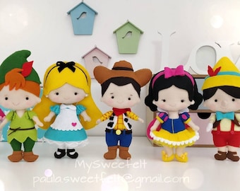 Felt dolls, Peter Pan, Alice in Wonderland, Woody, Snow White, Pinocchio, nursery decor, wall niche decor, party decor, SOLD BY ONE