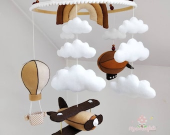 Sky baby mobile, Aviation crib mobile, ceiling mobile, felt plane, hot air ballon, airship, clouds,  nursery décoration, aviation babyroom