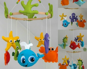 Hanging crib mobile Under the sea / Under the sea animals / ceiling mobile / cot mobile / sea animals / crabe / octopus 7 whale / starfish