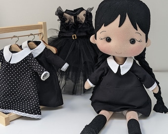 A cute felt doll inspired on Wednesday Addams to undress and dress like girls love