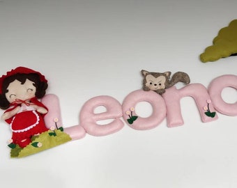 Red riding hood name banner, wall decor, door hanger, big bad wolf, nursery decor, girls room, party decorations