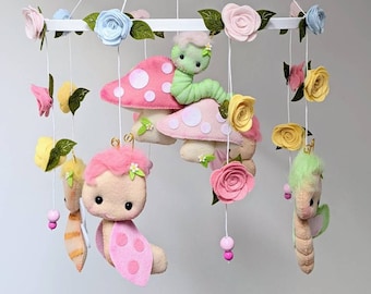 A cute and sweet garden bugs baby felt mobile, for your nursery decoration, worm, butterfly, ladybug, snail, bee, flowers