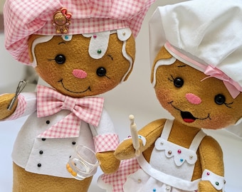 Couple of Gingerbreadman cook felt doll for a sweet decoration of your kitchen or party, Gingerman baker doll,