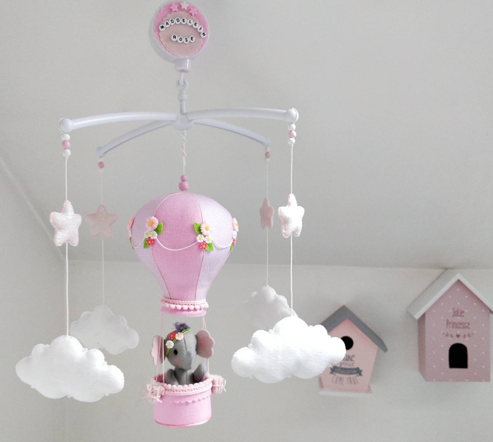 Baby Musical Mobile Montgolfière avec Éléphant, Feutre Bébé Mobile, Montgolfière, Éléphant Feutre, D
