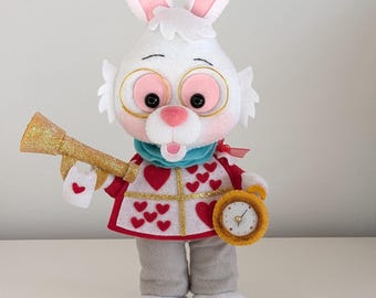Handmade Felt White Rabbit Doll: Alice in Wonderland Nursery Decor