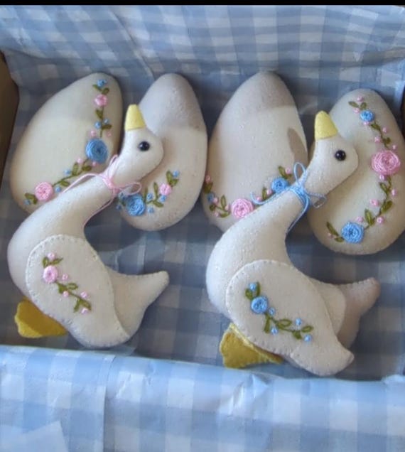 Set of 6 Felt Goose Ornaments – Embroidered Easter Tree Decor, Basket Stuffers