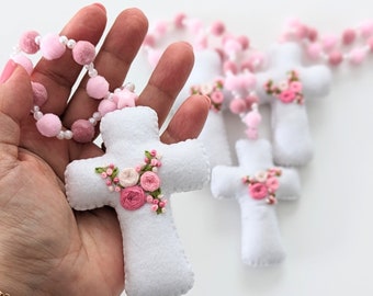 A delicate handmade rosary with embroidered little flowers for first communion favors. SOLD BY 4 pieces