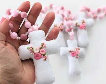 A delicate handmade rosary with embroidered little flowers for first communion favors. SOLD BY 4 pieces