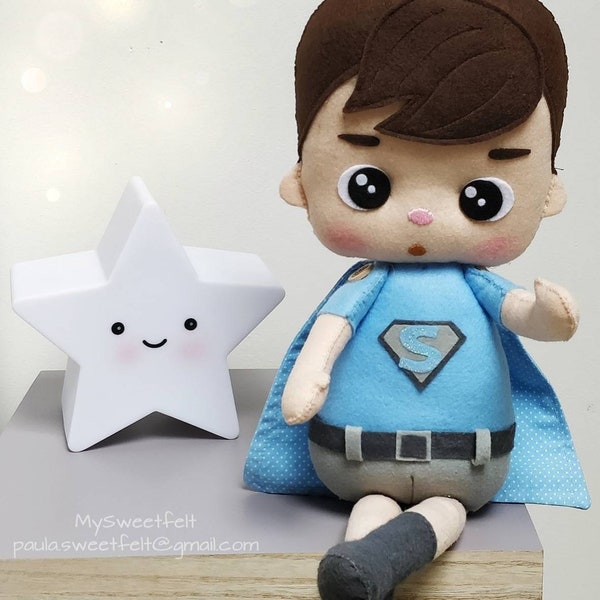 Felt doll, Superboy doll, boys gifts, doudou, newborn gift, nursery decor, baby shower decor, babyroom, cadeau naissance