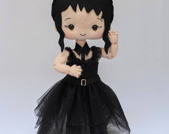 A cute decorative felt doll inspired on Wednesday Addams, party decorations, themed party decor