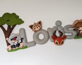 Savana  or safari cute name banner for your nursery decoration, felt wild animals, buffalo, impala, léopard, mandril monkey