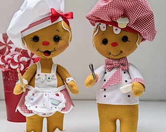 Couple of Gingerbreadman cook felt doll for a sweet decoration of your kitchen or party, Gingerman baker doll,