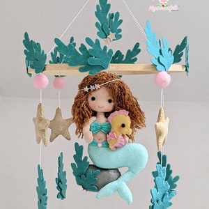 A cute mermaid baby mobile for a girl nursery, felt mobile, seahorse