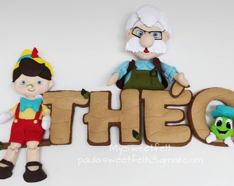 Pinocchio name banner, pinocchio felt sign, Gepeto, Jiminy cricket, nursery decor, party decorations, new born gift, Pinocchio decorations