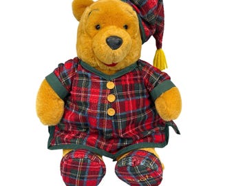 Disney Winnie the Pooh 15" Plush Red Plaid Pajamas Nightcap Slippers Holiday