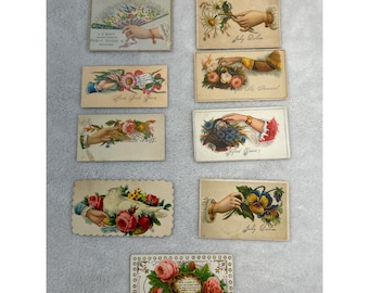 Antique Victorian Calling Cards Lot 9 Floral Hand Lithograph Ephemera Lift Flap