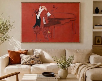 Quadro astratto con pianoforte jazz dipinto a mano – Arte musicale su tela color terracotta – Arte minimalista da parete per musicisti – Opera d'arte di grande impatto.