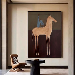 100% handgemaltes abstraktes Pferd und blaue Figur Leinwand strukturierte Wandkunst Minimalistische Figurenmalerei Japandi Wandkunst - Westerncowboy
