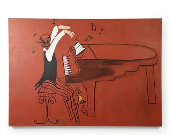Quadro astratto con pianoforte jazz dipinto a mano – Arte musicale su tela color terracotta – Arte minimalista da parete per musicisti – Opera d'arte di grande impatto.
