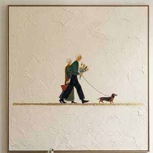 100% ręcznie malowany abstrakcyjny minimalistyczny obraz pary spacerującej z psem, nowoczesna figuralna sztuka ścienna - teksturowane płótno, teksturowana sztuka ścienna