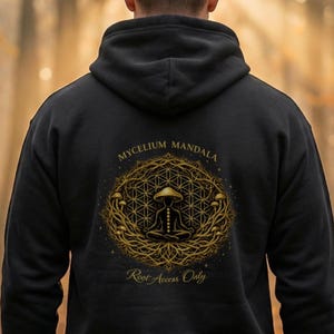 May include: Black hoodie with a gold graphic on the back. The graphic features a mushroom design with the text "MYCELIUM MANDALA" above and "Root Access Only" below. The hoodie is worn by a person standing in a forest.