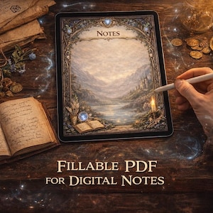 Może przedstawiać: Cyfrowy tablet wyświetlający krajobraz z napisem „NOTES” u góry. Tablet otoczony jest antycznymi książkami, kryształową kulą i zapaloną świecą. Tekst „FILLABLE PDF FOR DIGITAL NOTES” znajduje się na dole.