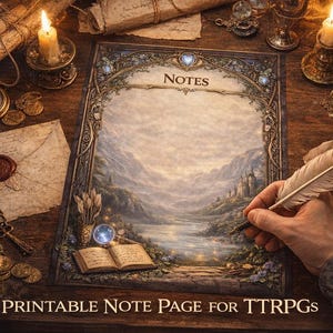 Può includere: Una pagina di note stampabile a tema fantasy con un'illustrazione di paesaggio, con una mano che tiene una penna. La pagina è circondata da candele, pergamene e altri oggetti vintage. Il testo "NOTES" è in alto.