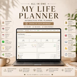 Pode incluir: Um laptop exibindo a interface "My Life Planner", com o texto "ALL-IN-ONE MY LIFE PLANNER" no topo. O planejador inclui recursos para tarefas, finanças, refeições, metas e bem-estar. Uma xícara de café está à esquerda.
