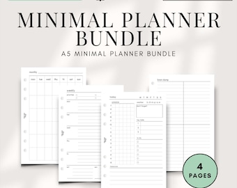 Minimal Printable Planner Insert Bundle A5 Binder Daily Weekly Monthly Insert Filofax 4 Page Printable Undated PDF