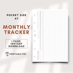 May include: A white pocket-size A7 monthly tracker printable PDF. The design includes a grid for tracking daily entries, with the months of the year and dates labeled along the edges. The text "Monthly Tracker" is displayed in a brown font.