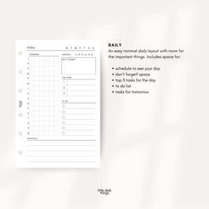 May include: A white daily planner insert with a minimalist design. It features sections for scheduling, top tasks, and a to-do list. The text "DAILY" and "little desk things" are also visible.