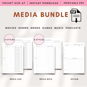 Könnte beinhalten: Ein druckbares PDF-Medienpaket im A7-Taschenformat. Das Bild zeigt drei Planerseiten: ein Medienprotokoll, Medienempfehlungen und eine Bewertungsseite. Das Paket enthält zwei Stile für jede Seite, mit dem Text "MEDIA BUNDLE" oben.