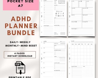 ADHD Planner Printable Bundle 4 Page Pocket Neurodivergent Daily Bundle Rings Journal Insert Minimal PDF Focus Plan