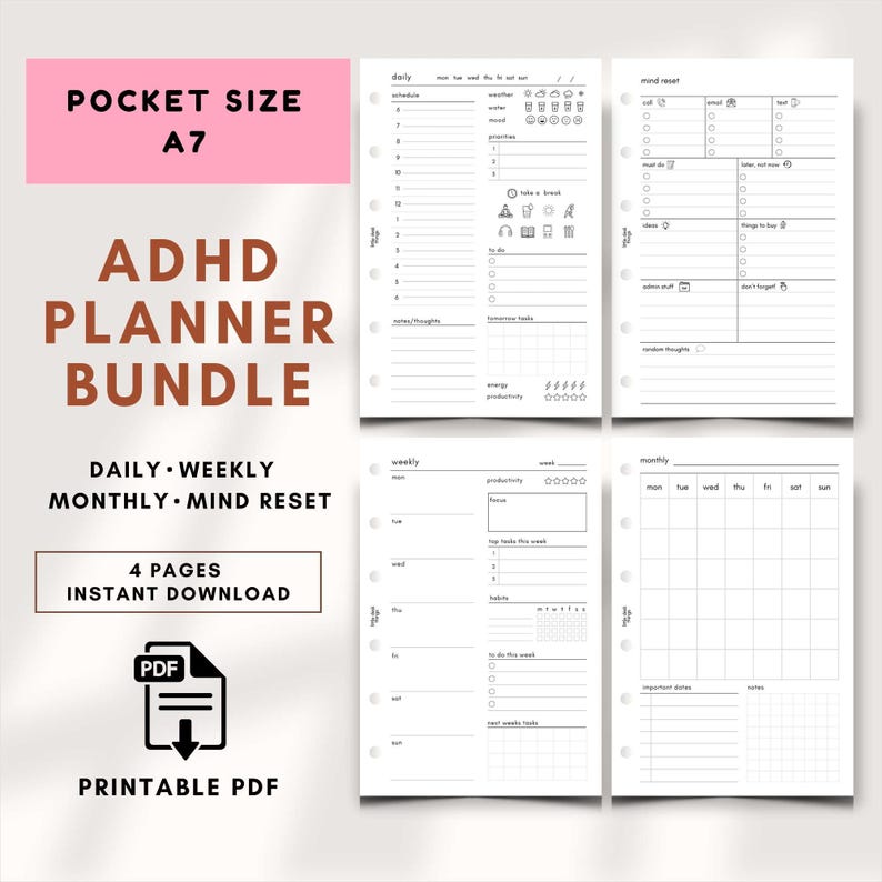 May include: ADHD planner bundle with daily, weekly, monthly, and mind reset pages. The printable PDF includes a daily schedule, weather tracker, and to-do lists. The planner is pocket size A7.