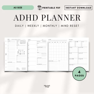 Peut inclure: Un planificateur TDAH au format A5 composé de quatre pages PDF imprimables avec des mises en page quotidiennes, hebdomadaires, mensuelles et de réinitialisation mentale. Les pages noir et blanc incluent des sections pour les tâches et notes.