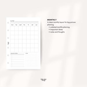 May include: A white monthly planner page with a grid for daily entries, labeled with days of the week. Includes sections for important dates and notes. The text "MONTHLY" and other details are printed on the right side.