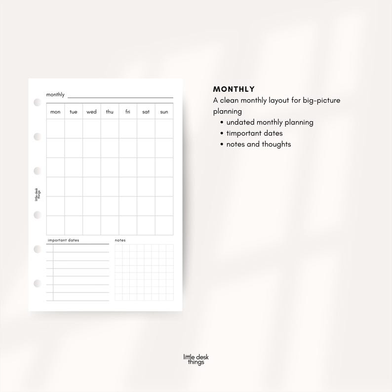 May include: A white monthly planner page with a grid for daily entries, labeled with days of the week. Includes sections for important dates and notes. The text "MONTHLY" and other details are printed on the right side.