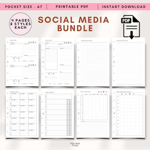 May include: A Social Media Bundle printable PDF in A7 pocket size. The bundle includes 4 pages with 2 styles each. The pages are designed for content planning, weekly schedules, and social media stats. The PDF icon is visible in the top right corner.