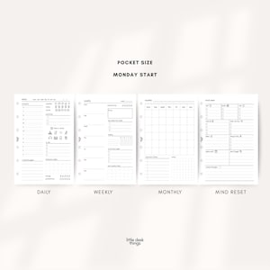 May include: Pocket-sized planner inserts with a Monday start. The inserts include daily, weekly, monthly, and mind reset pages. Each page has a minimalist design with sections for scheduling, notes, and tracking. The text "DAILY", "WEEKLY", "MONTHLY", and "MIND RESET" are at the bottom.