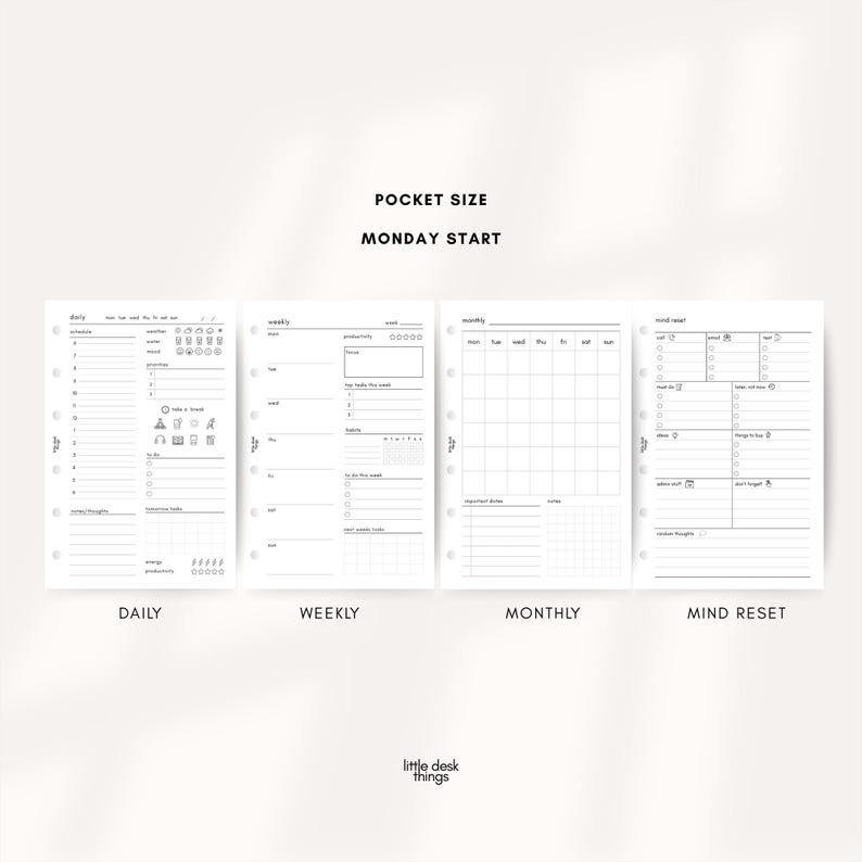 May include: Pocket-sized planner inserts with a Monday start. The inserts include daily, weekly, monthly, and mind reset pages. Each page has a minimalist design with sections for scheduling, notes, and tracking. The text "DAILY", "WEEKLY", "MONTHLY", and "MIND RESET" are at the bottom.