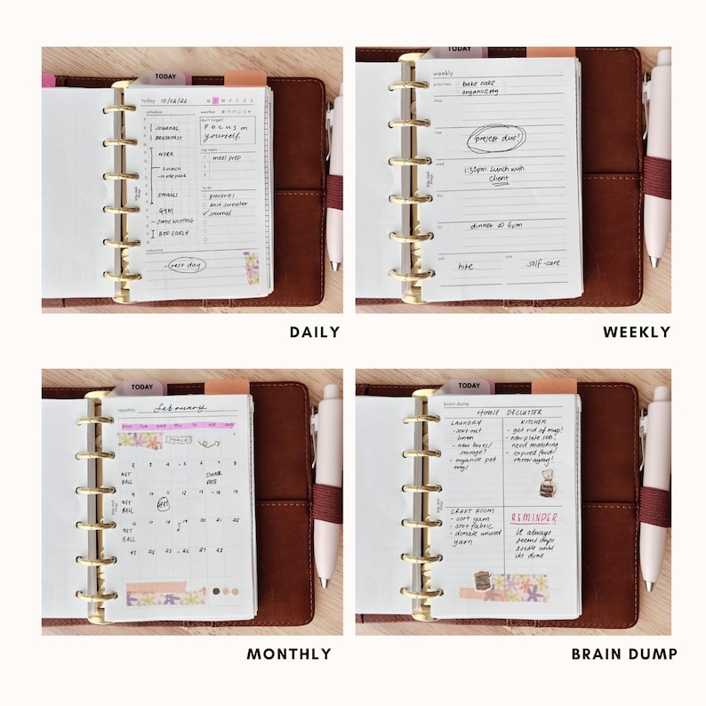May include: A brown leather planner with gold rings, open to reveal four different pages. The pages are labelled "Daily", "Weekly", "Monthly", and "Brain Dump". Each page contains handwritten notes and a pen.