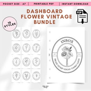 May include: A black and white printable PDF dashboard flower vintage bundle. The bundle includes 12 styles with floral designs for wellness, trackers, reset, planner, notes, life admin, media, inbox, ideas, books, finance, and projects. The text "INBOX" is in a circle with floral illustrations.
