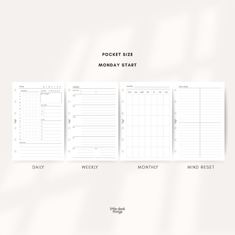 Minimal Planner Insert Bundle A7 Pocket Daily Weekly Monthly Bundle Pocket Ring Insert Filofax Pocket 4 Pages Printable Undated PDF image 3